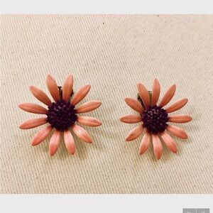 60's pink painted on metal flower clip on earrings